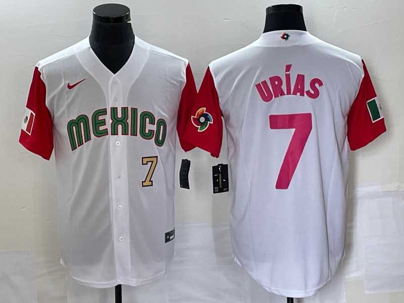 Men's Mexico Baseball #7 Julio Urias Number 2023 White Red World Classic Stitched Jersey 27
